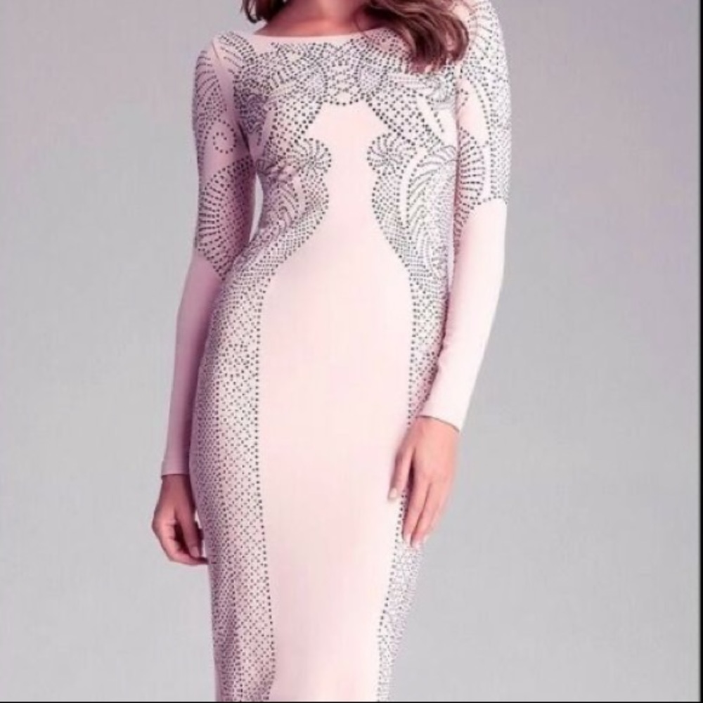 bebe dusty pink black stud long sleeve bodycon midi top dress